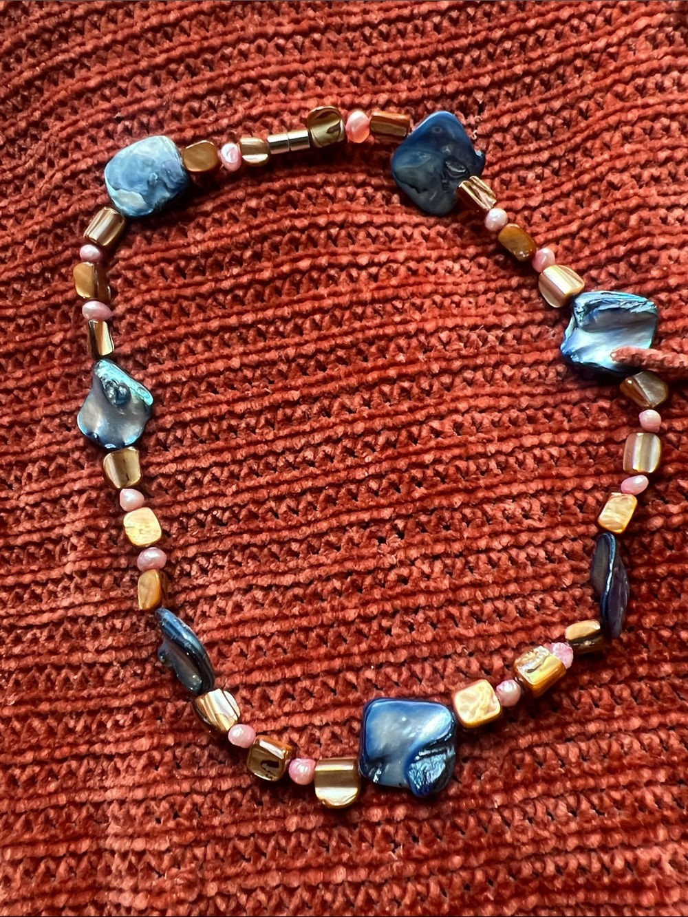 Blue Shell & Mixed Stone Necklace with Brown and Pink Accents
